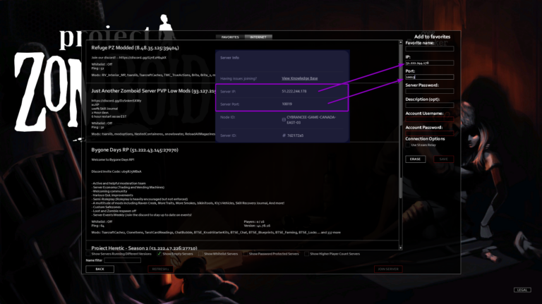 Project Zomboid enter server details screen