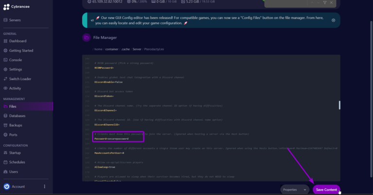 Project Zomboid ini file with inputted password field outlined