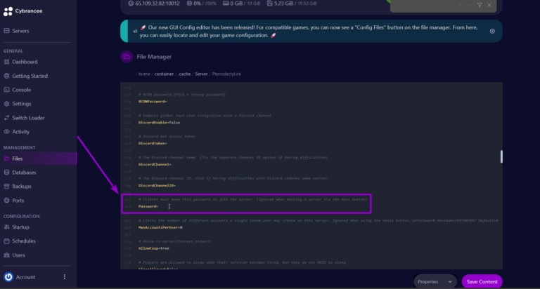 Project Zomboid file, with password field outlined