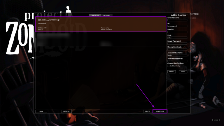 Project Zomboid join server screen
