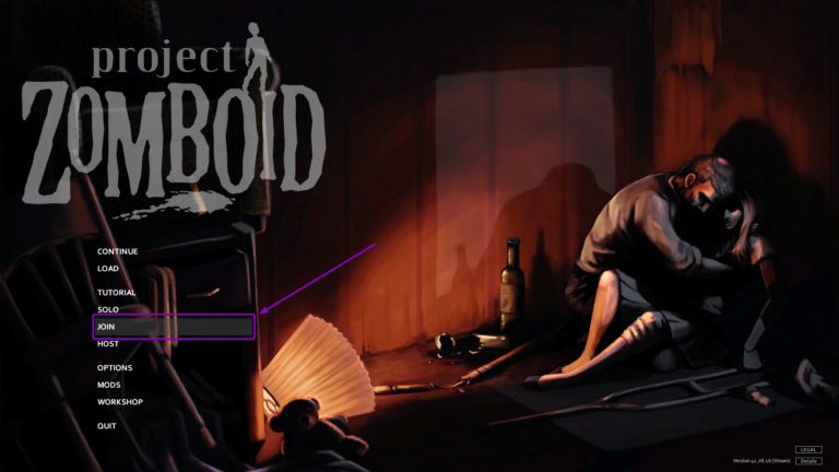 Project Zomboid start screen, join outlined