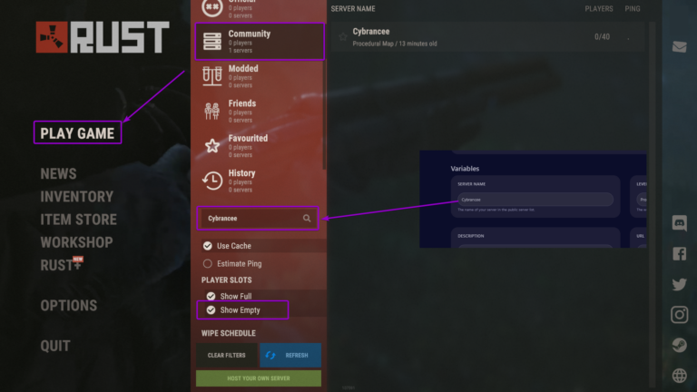 Rust inputting server details