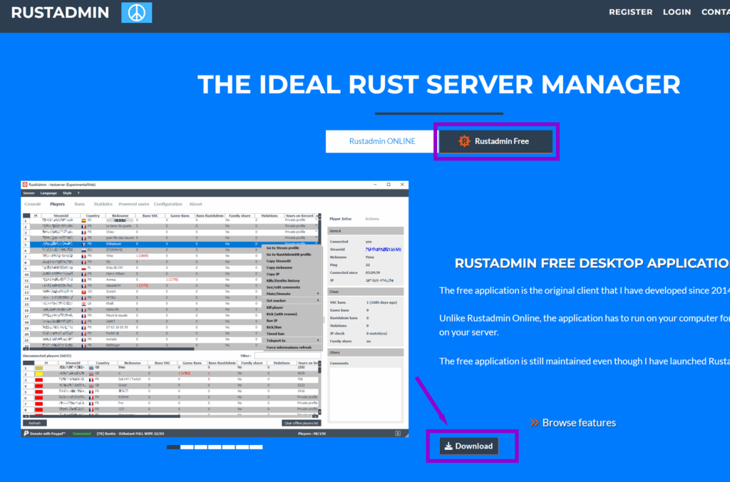 RustAdmin download page with the 'RustAdmin Free option and Download' button outlined