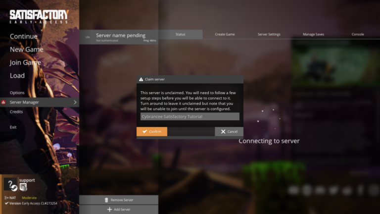 Satisfactory server manager, claim server modal