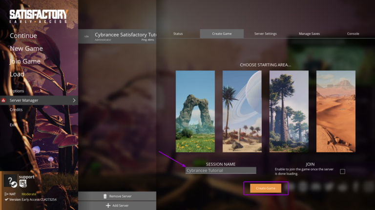 Satisfactory server manager, create game tab