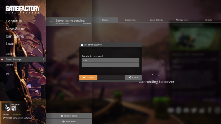 Satisfactory server manager, set admin password modal