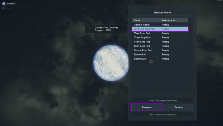 Space Engineers musical rooms with Respawn button outlined