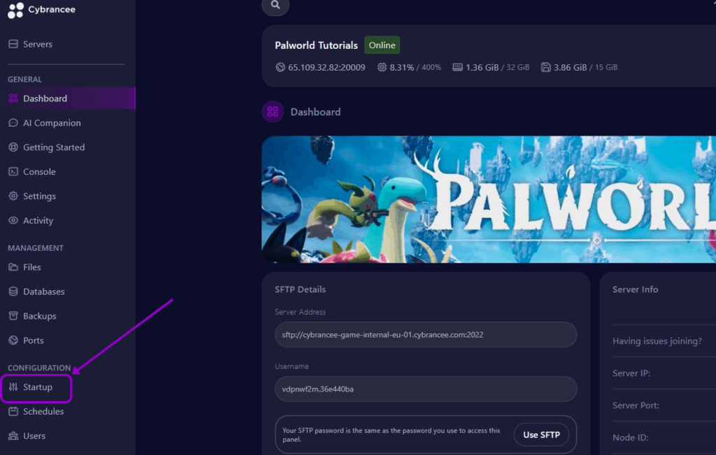 Palworld with Startup tab Outlined