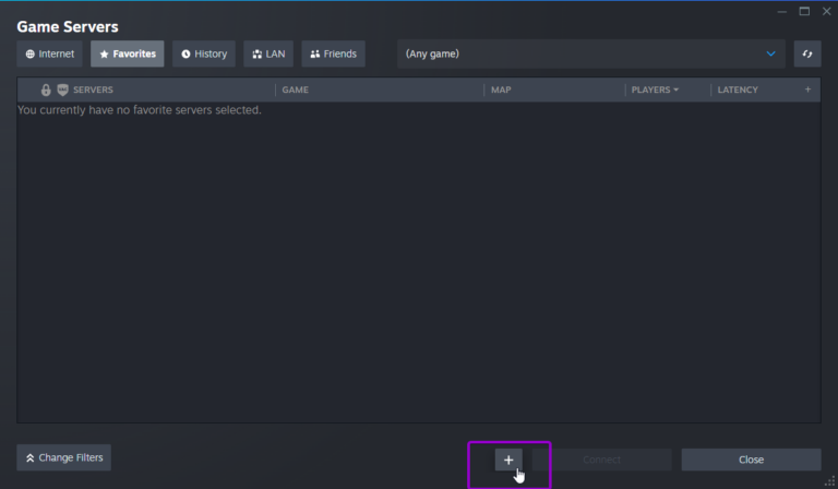 Steam add game server screen