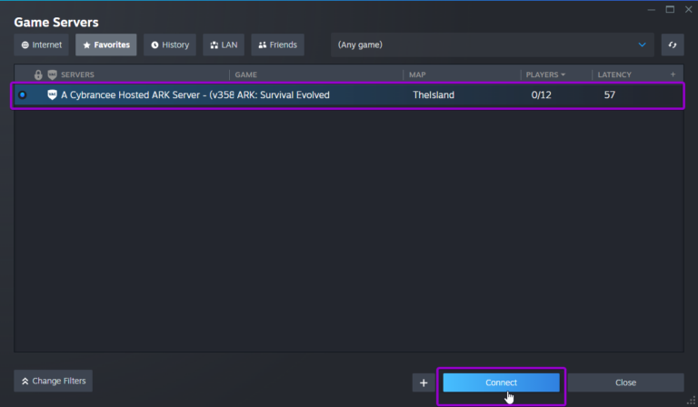 Steam add servers screen, with connect button outlined