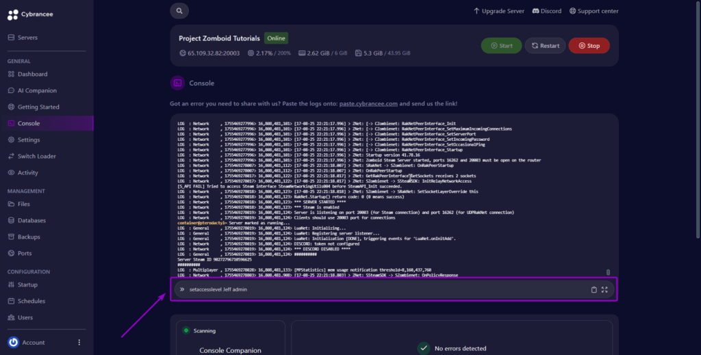 Cybrance console tab with text input field outlined