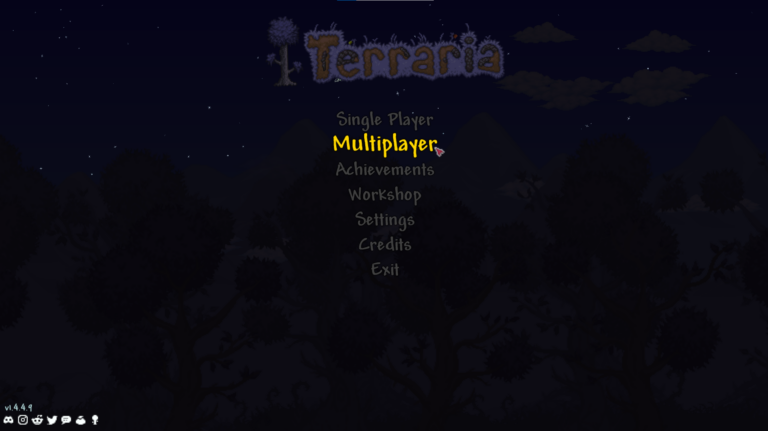 Terraria start screen, with multiplayer option selected