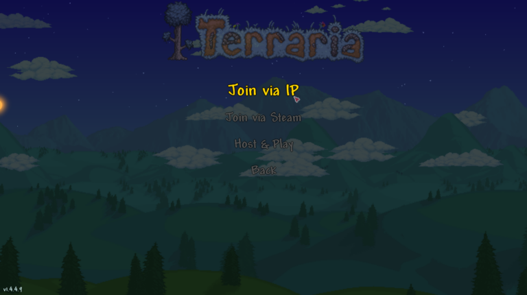 Terraria multiplayer screen, join via IP selected