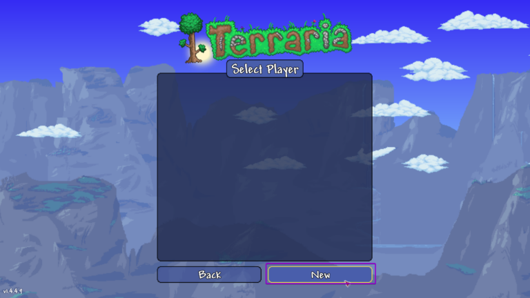 Terraria select player screen, with new button selected