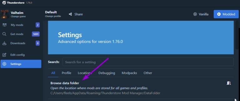 Thunderstore settings, data folder outlined