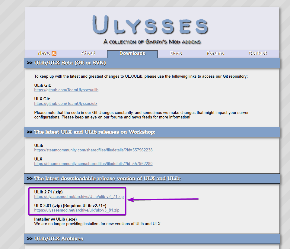 ulysses mod downloads page with ulx and Ulib Outlined