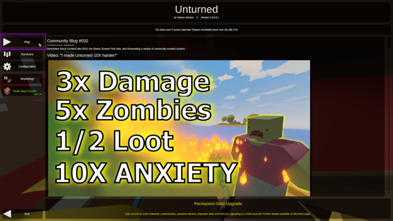 Unturned start menu, with play button outlined
