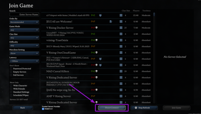 V Rising join game screen, with direct connect button outlined