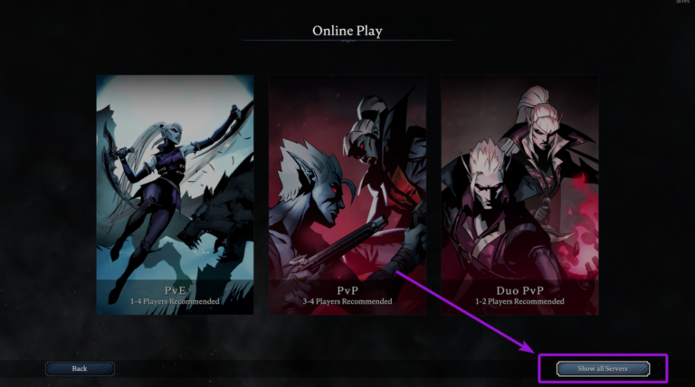 V Rising online play screen, with show all server outlined