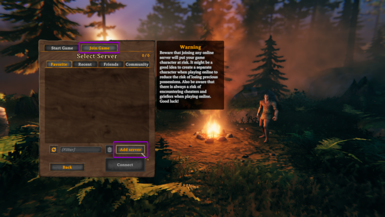 Valheim select server screen, with add server button outlined