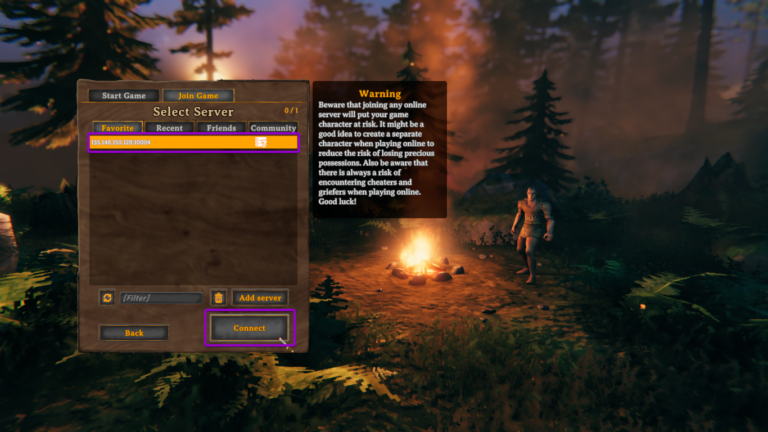 Valheim select server screen, with connect button outlined