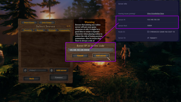 Valheim select server, with Enter IP or invite code modal outlined