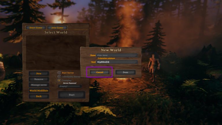 Valheim select world screen, with new world modal