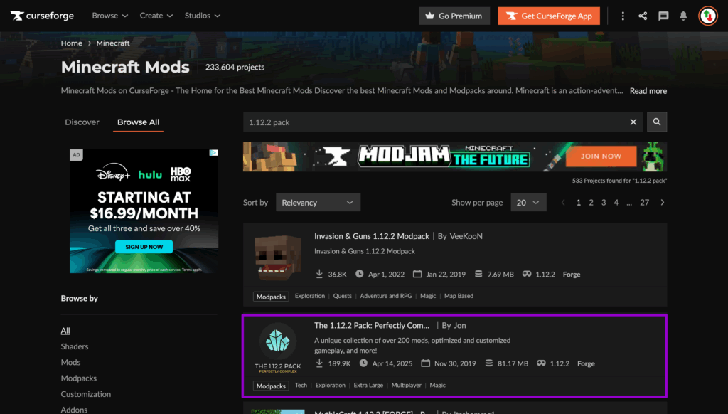 1.12.2 Pack page on Curseforge