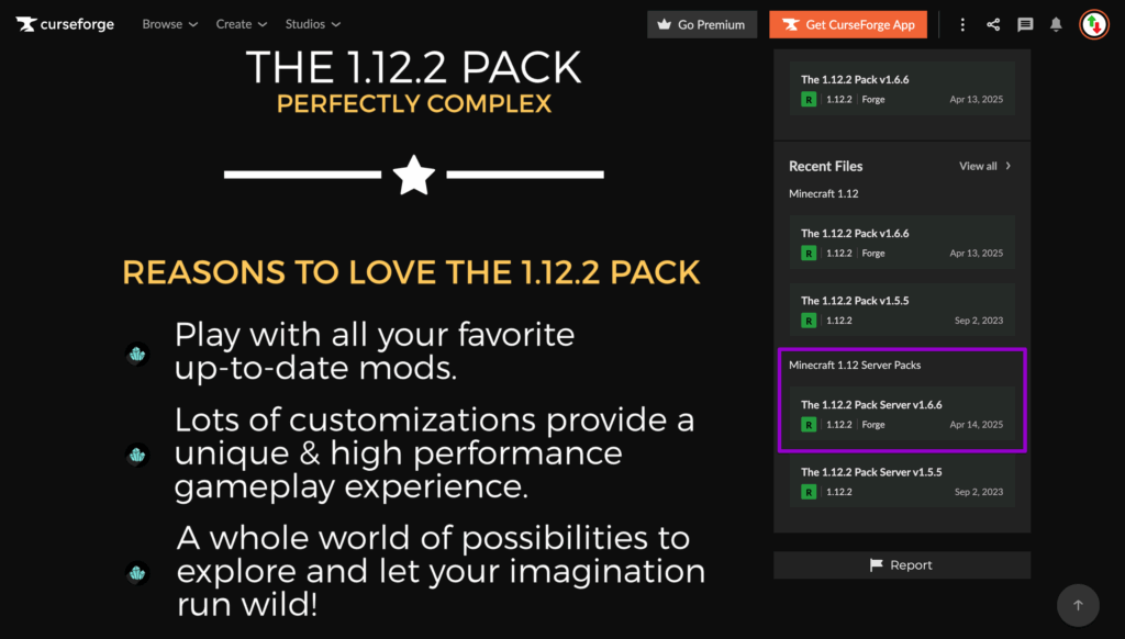 Downloading the 1.12.2 Pack server version