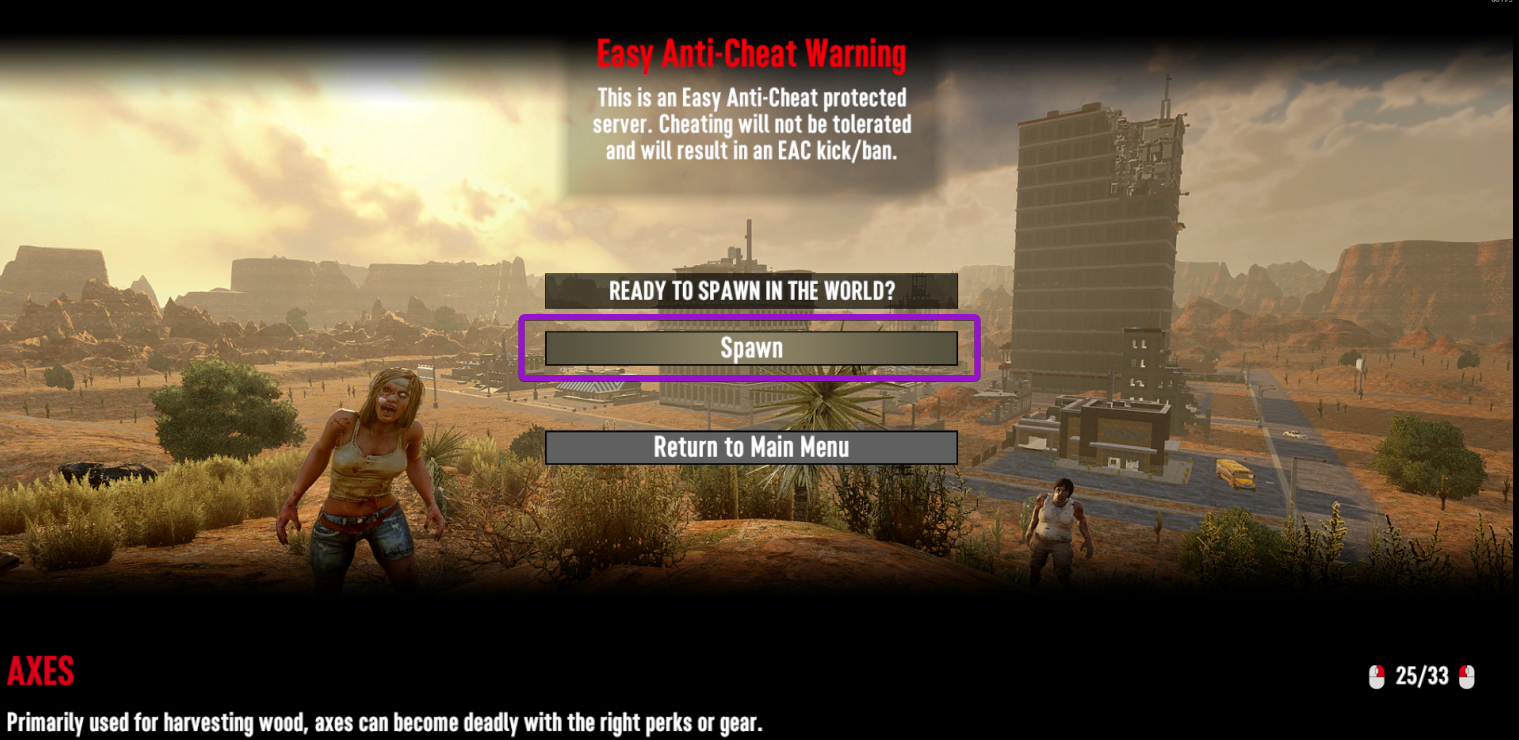 7 Days to Die game spawn menu with the Spawn button highlighted