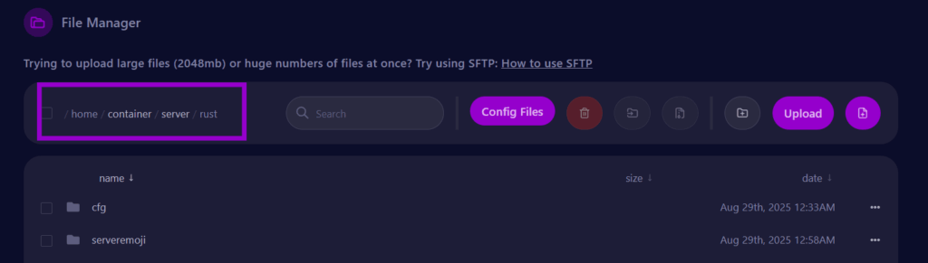 Cybrancee panel Rust server locate server files outlined