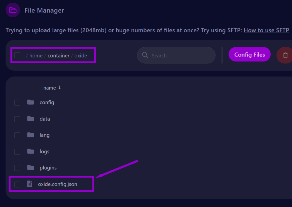 cybrancee panel Rust server oxide folder with config file outlined