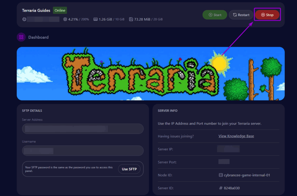Cybrancee Panel Terraria Server Stop Button Outlined