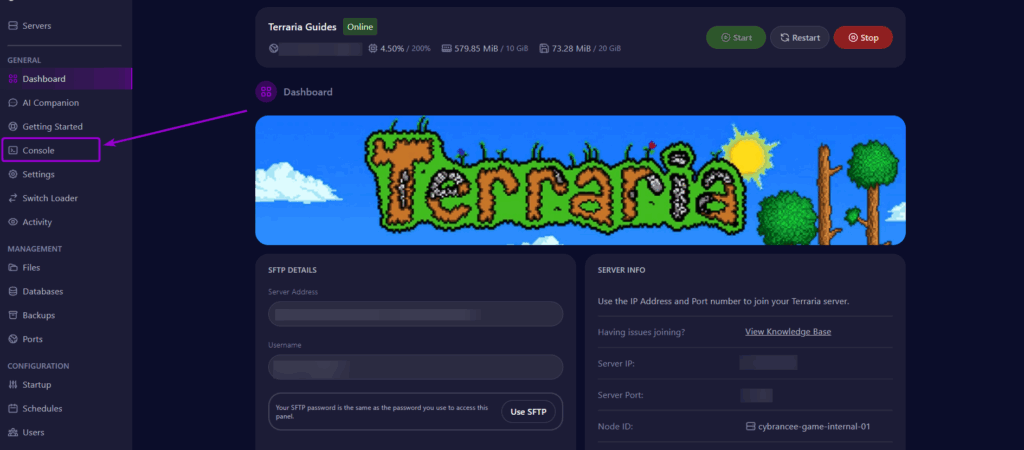 Cybrancee Panel Terraria Console Tab Outlined