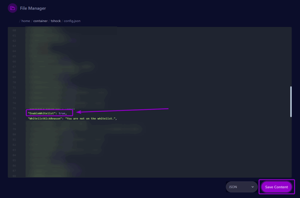 Cybrancee Panel Terraria Files Tab Config.json Enable Whitelist Field Outnlined