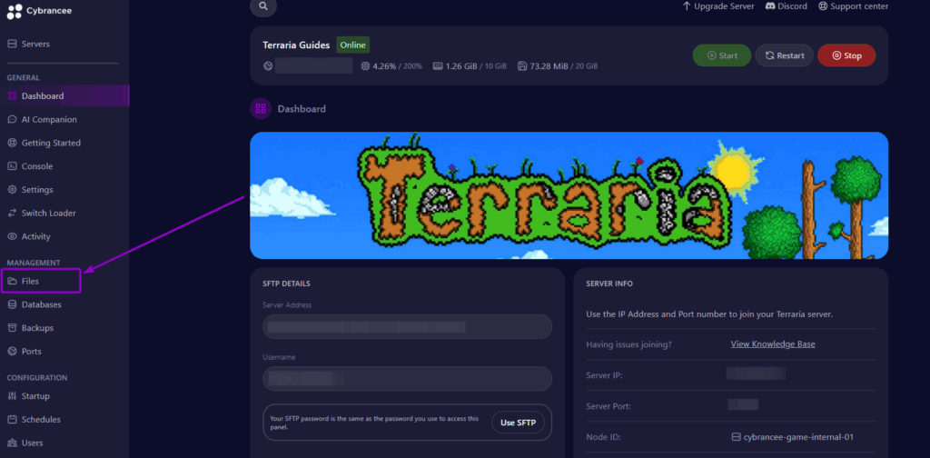 Cybrancee Panel Terraria Files Tab Outlined