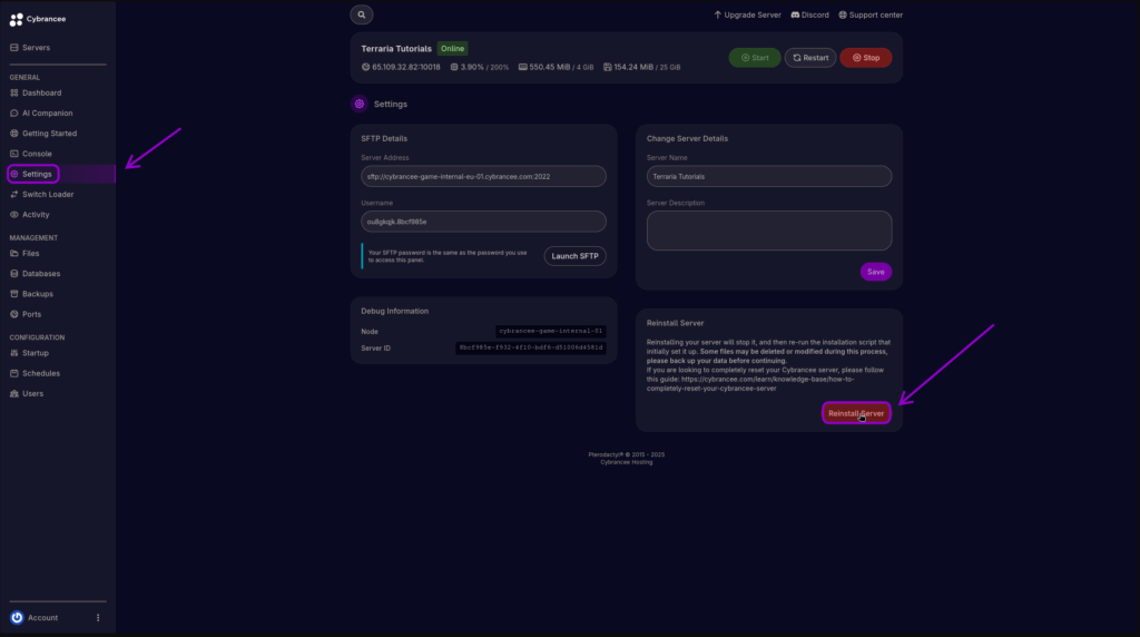 Cybrancee Panel With the Settings Tab Selected and the Reinstall Server Button Selected