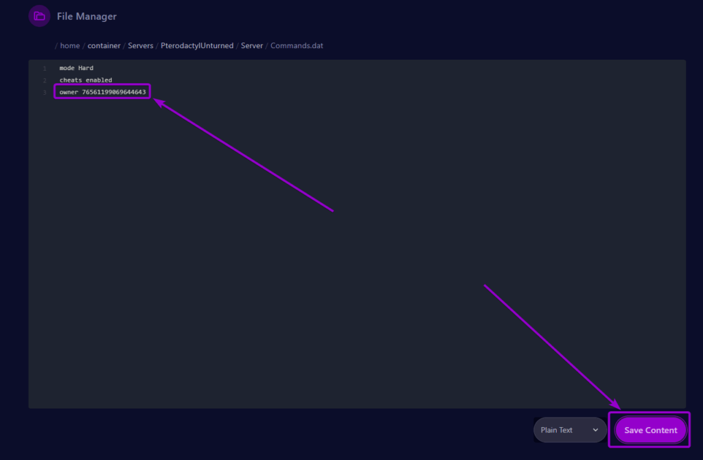 Cybrancee Panel Unturned Command.dat Owner Field Outlined
