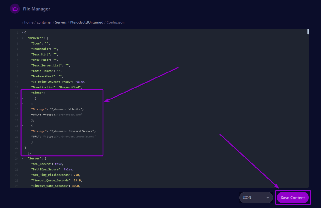 Cybrancee Panel Unturned Config.json Links Field Outlined