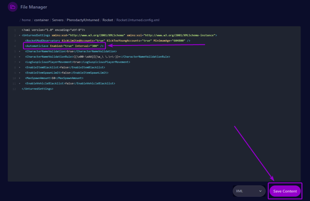Cybrancee Panel Unturned Config.xml AutomaticSaves Field Outlined