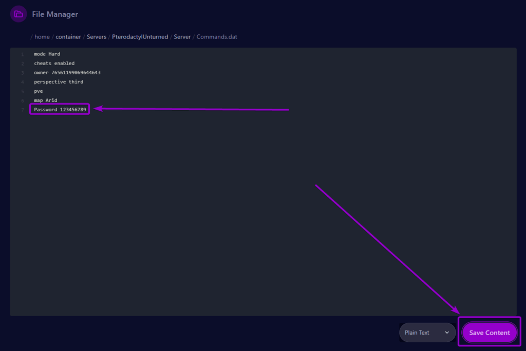 Cybrancee Panel Unturned FIles Tab Command.Dat Password Field Outlined