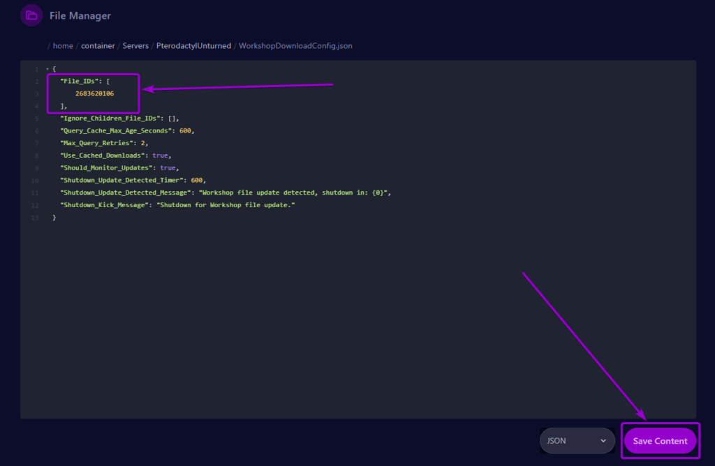 Cybrancee Panel Unturned FIles Tab Unturned Steam Workshop Config File Workshop Id and Save Button Outlined