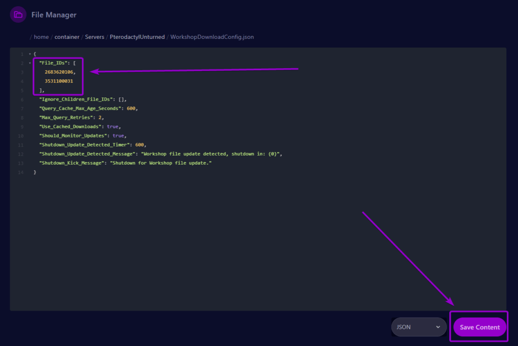 Cybrancee Panel Unturned FIles Tab Unturned Steam Workshop Config File Workshop Mod Id and Save Button Outlined