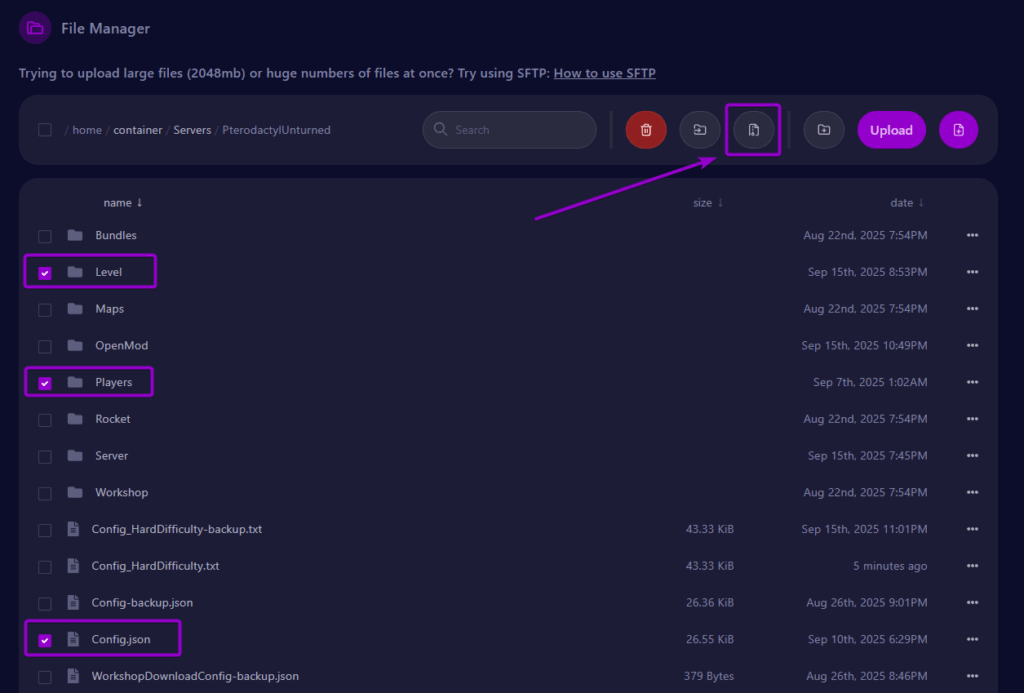 Cybrancee Panel Unturned World Folders Selected with Archive Option Outlined