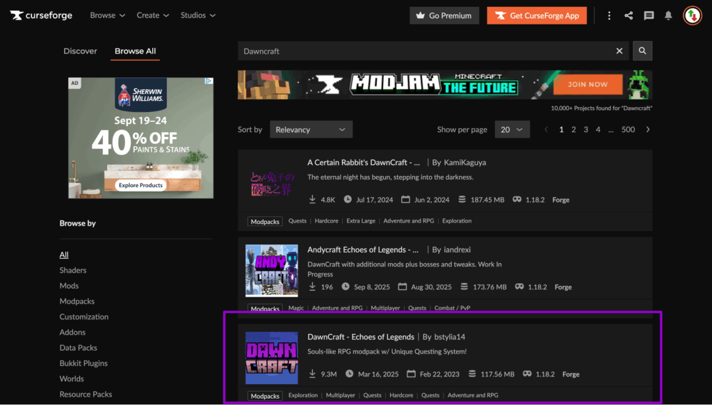 Dawncraft Curseforge page