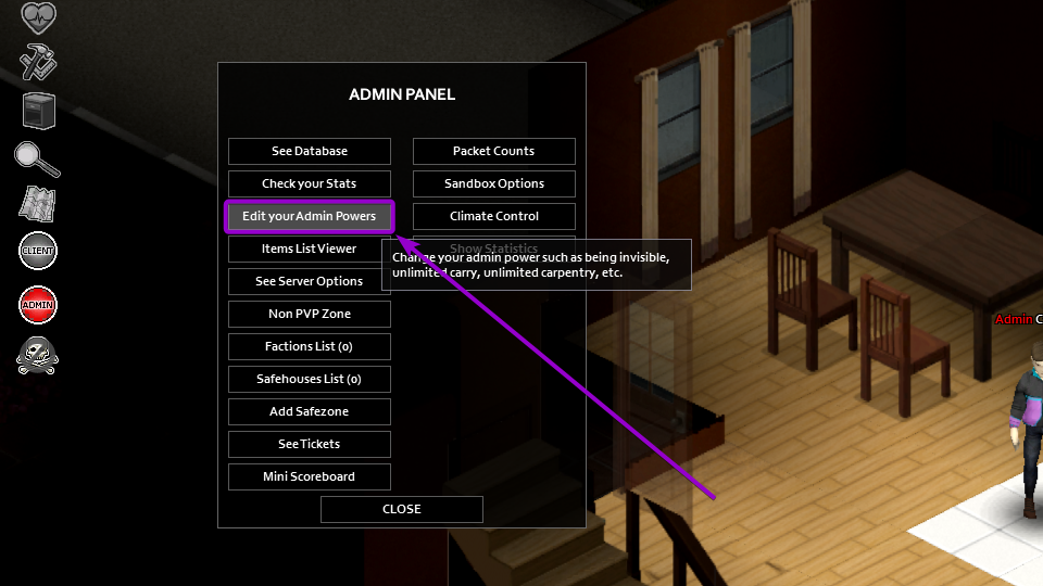 Project Zomboid admin panel, with edit your admin powers outlined
