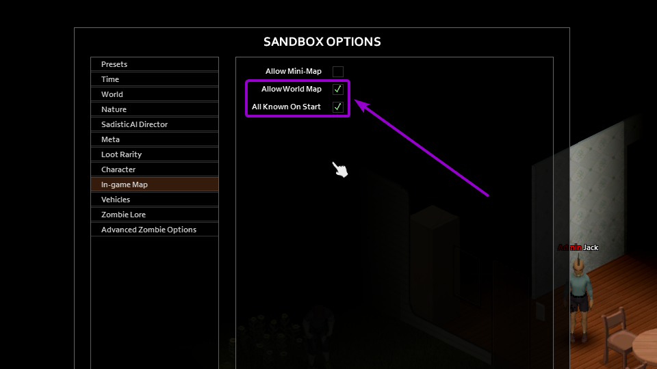 Enable checkboxes to reveal the map in Project Zomboid