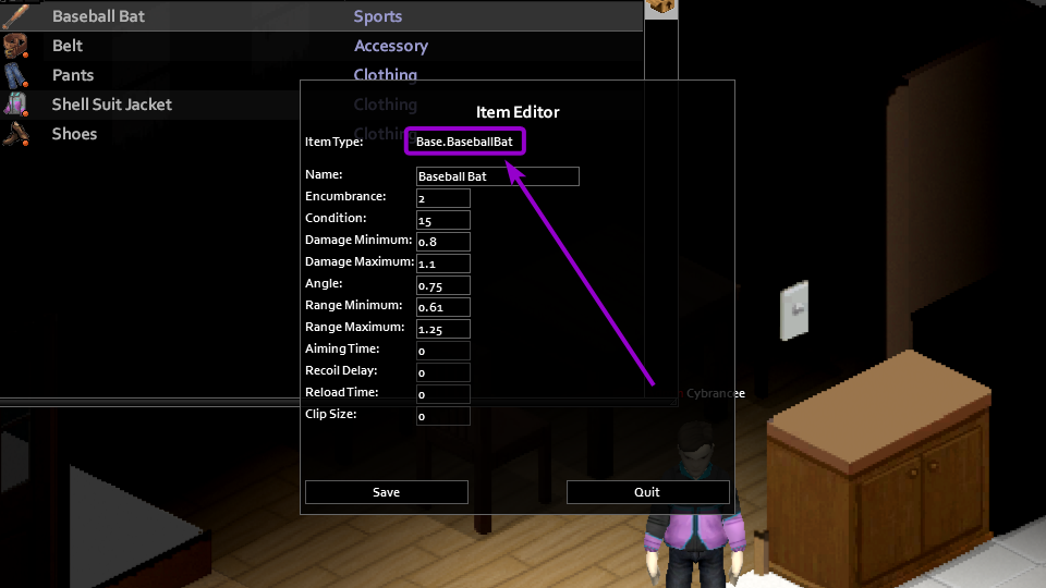 Location of the item ID in the item editor panel