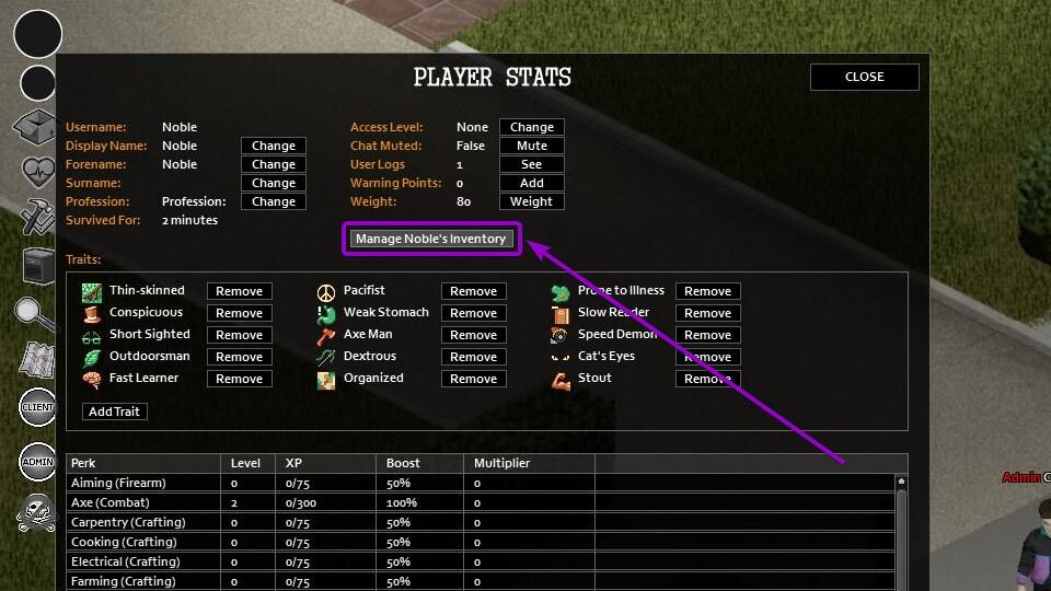 Manage user inventory button outlined with arrow