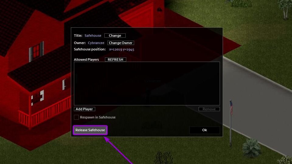 Release safehouse option outlined in red with an arrow